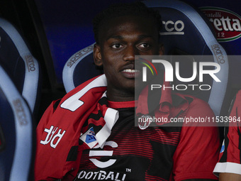 Rafael Leao of AC Milan looks on from the bench during the Serie A match between Lazio and Milan at Stadio Olimpico in Rome, Italy, on Augus...