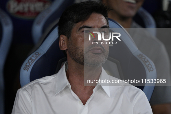 Paulo Fonseca, head coach of AC Milan, looks on during the Serie A match between Lazio and Milan at Stadio Olimpico in Rome, Italy, on Augus...