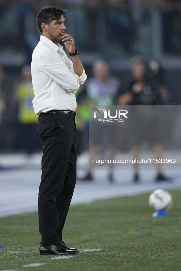 Paulo Fonseca, head coach of AC Milan, looks on during the Serie A match between Lazio and Milan at Stadio Olimpico in Rome, Italy, on Augus...