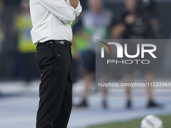 Paulo Fonseca, head coach of AC Milan, looks on during the Serie A match between Lazio and Milan at Stadio Olimpico in Rome, Italy, on Augus...