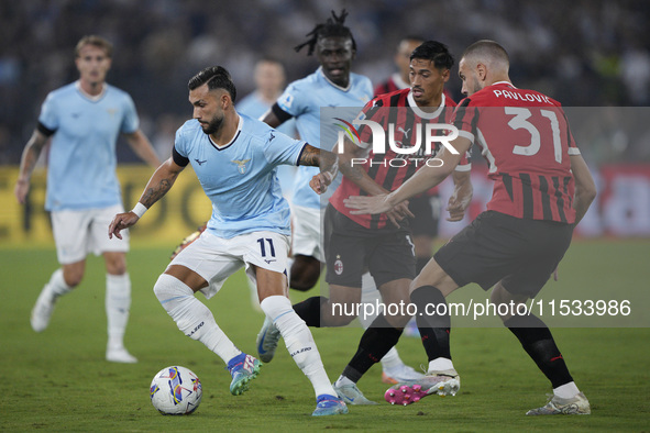 Valentin Castellanos of S.S. Lazio competes for the ball with Strahinja Pavlovic of AC Milan during the Serie A match between Lazio and Mila...