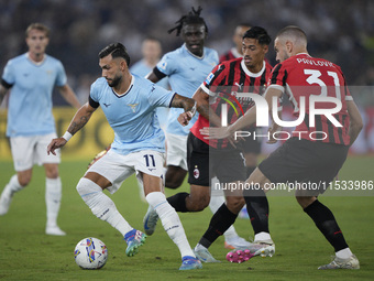 Valentin Castellanos of S.S. Lazio competes for the ball with Strahinja Pavlovic of AC Milan during the Serie A match between Lazio and Mila...