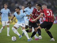 Valentin Castellanos of S.S. Lazio competes for the ball with Strahinja Pavlovic of AC Milan during the Serie A match between Lazio and Mila...