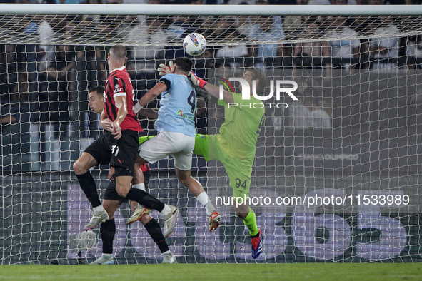 Strahinja Pavlovic of AC Milan scores a goal during the Serie A match between Lazio and Milan at Stadio Olimpico in Rome, Italy, on August 3...