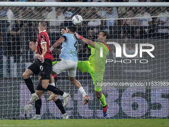 Strahinja Pavlovic of AC Milan scores a goal during the Serie A match between Lazio and Milan at Stadio Olimpico in Rome, Italy, on August 3...