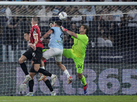 Strahinja Pavlovic of AC Milan scores a goal during the Serie A match between Lazio and Milan at Stadio Olimpico in Rome, Italy, on August 3...