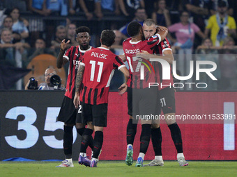 Strahinja Pavlovic of AC Milan celebrates after scoring a goal during the Serie A match between Lazio and Milan at Stadio Olimpico in Rome,...