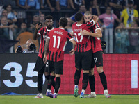 Strahinja Pavlovic of AC Milan celebrates after scoring a goal during the Serie A match between Lazio and Milan at Stadio Olimpico in Rome,...