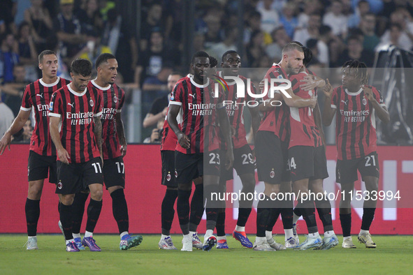 Strahinja Pavlovic of AC Milan celebrates after scoring a goal during the Serie A match between Lazio and Milan at Stadio Olimpico in Rome,...