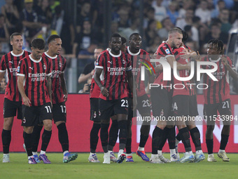 Strahinja Pavlovic of AC Milan celebrates after scoring a goal during the Serie A match between Lazio and Milan at Stadio Olimpico in Rome,...