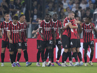 Strahinja Pavlovic of AC Milan celebrates after scoring a goal during the Serie A match between Lazio and Milan at Stadio Olimpico in Rome,...