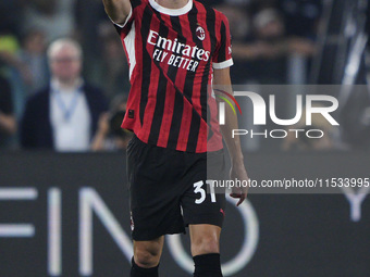 Strahinja Pavlovic of AC Milan celebrates after scoring a goal during the Serie A match between Lazio and Milan at Stadio Olimpico in Rome,...