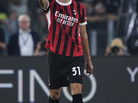 Strahinja Pavlovic of AC Milan celebrates after scoring a goal during the Serie A match between Lazio and Milan at Stadio Olimpico in Rome,...