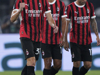 Strahinja Pavlovic of AC Milan celebrates after scoring a goal during the Serie A match between Lazio and Milan at Stadio Olimpico in Rome,...