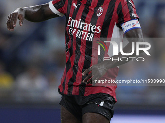 Fikayo Tomori of AC Milan reacts during the Serie A match between Lazio and Milan at Stadio Olimpico in Rome, Italy, on August 31, 2024. (