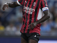 Fikayo Tomori of AC Milan reacts during the Serie A match between Lazio and Milan at Stadio Olimpico in Rome, Italy, on August 31, 2024. (