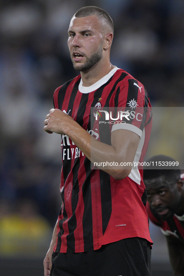 Strahinja Pavlovic of AC Milan looks on during the Serie A match between Lazio and Milan at Stadio Olimpico in Rome, Italy, on August 31, 20...