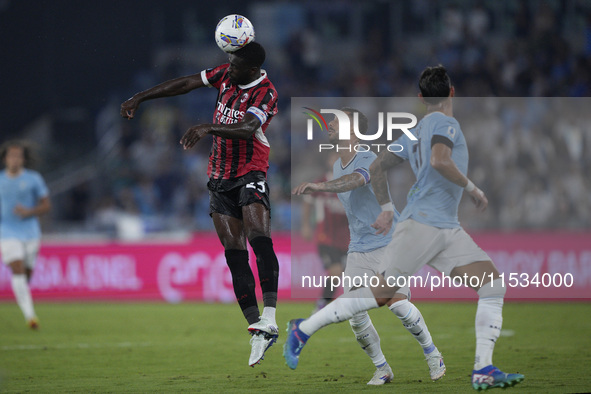 Fikayo Tomori of AC Milan competes for the ball during the Serie match between Lazio and Milan at Stadio Olimpico in Rome, Italy, on August...