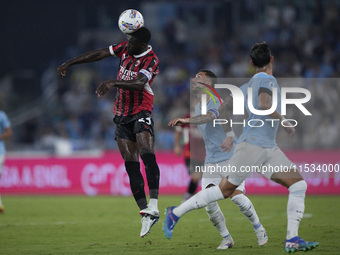 Fikayo Tomori of AC Milan competes for the ball during the Serie match between Lazio and Milan at Stadio Olimpico in Rome, Italy, on August...