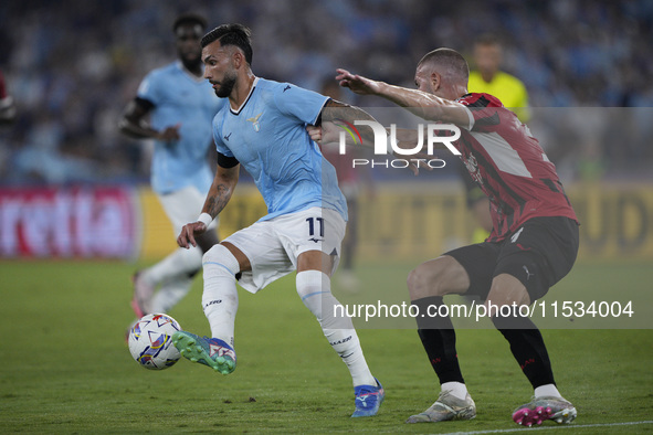 Valentin Castellanos of S.S. Lazio competes for the ball with Strahinja Pavlovic of AC Milan during the Serie A match between Lazio and Mila...