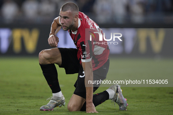 Strahinja Pavlovic of AC Milan during the Serie A match between Lazio and Milan at Stadio Olimpico in Rome, Italy, on August 31, 2024. 