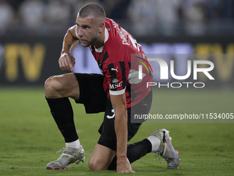 Strahinja Pavlovic of AC Milan during the Serie A match between Lazio and Milan at Stadio Olimpico in Rome, Italy, on August 31, 2024. (