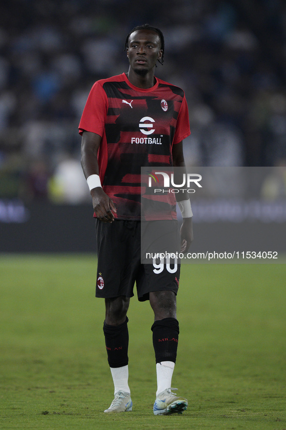 Tammy Abraham of AC Milan warms up during the Serie A match between Lazio and Milan at Stadio Olimpico in Rome, Italy, on August 31, 2024. 