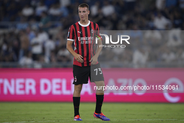 Francesco Camarda of AC Milan during the Serie match between Lazio and Milan at Stadio Olimpico in Rome, Italy, on August 31, 2024. 