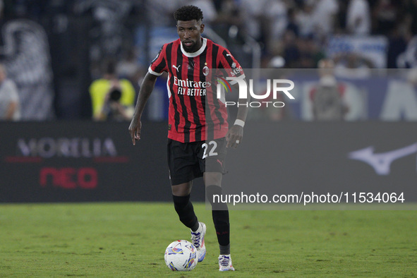 Emerson Royal of AC Milan is in action during the Serie match between Lazio and Milan at Stadio Olimpico in Rome, Italy, on August 31, 2024....