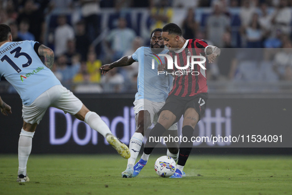 Noah Okafor of AC Milan is in action during the Serie A match between Lazio and Milan at Stadio Olimpico in Rome, Italy, on August 31, 2024....