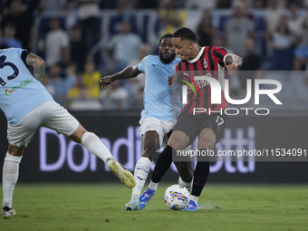 Noah Okafor of AC Milan is in action during the Serie A match between Lazio and Milan at Stadio Olimpico in Rome, Italy, on August 31, 2024....