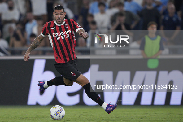 Theo Hernandez of AC Milan is in action during the Serie A match between Lazio and Milan at Stadio Olimpico in Rome, Italy, on August 31, 20...