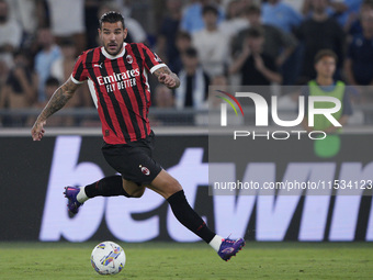 Theo Hernandez of AC Milan is in action during the Serie A match between Lazio and Milan at Stadio Olimpico in Rome, Italy, on August 31, 20...