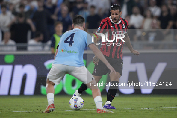 Theo Hernandez of AC Milan is in action during the Serie A match between Lazio and Milan at Stadio Olimpico in Rome, Italy, on August 31, 20...