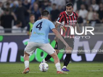 Theo Hernandez of AC Milan is in action during the Serie A match between Lazio and Milan at Stadio Olimpico in Rome, Italy, on August 31, 20...