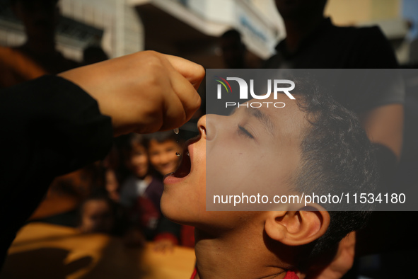 A Palestinian child receives a polio vaccination at a United Nations healthcare center in Deir Al-Balah in the central Gaza Strip, on Septem...