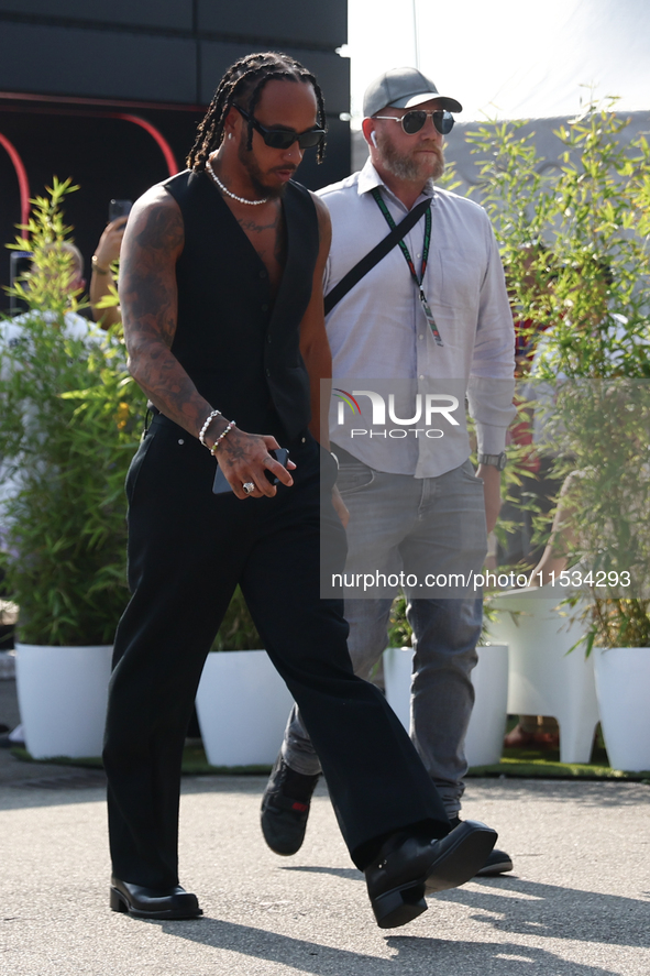 Lewis Hamilton of Mercedes before the Formula 1 Italian Grand Prix at Autodromo Nazionale di Monza in Monza, Italy on September 1, 2024. 