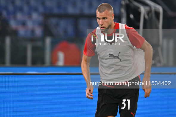 Strahinja Pavlovic of A.C. Milan during the 3rd day of the Serie A Championship between S.S. Lazio and A.C. Milan at the Olympic Stadium in...