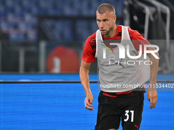 Strahinja Pavlovic of A.C. Milan during the 3rd day of the Serie A Championship between S.S. Lazio and A.C. Milan at the Olympic Stadium in...