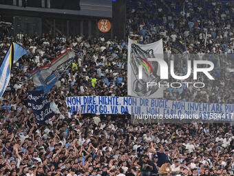 Supporters of S.S. Lazio during the 3rd day of the Serie A Championship between S.S. Lazio and A.C. Milan at the Olympic Stadium in Rome, It...