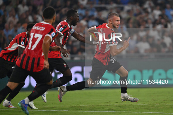 Strahinja Pavlovic of A.C. Milan celebrates after scoring the goal of 0-1 during the 3rd day of the Serie A Championship between S.S. Lazio...