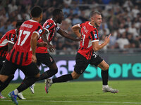 Strahinja Pavlovic of A.C. Milan celebrates after scoring the goal of 0-1 during the 3rd day of the Serie A Championship between S.S. Lazio...