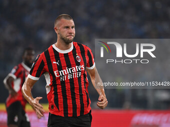 Strahinja Pavlovic of A.C. Milan celebrates after scoring the goal of 0-1 during the 3rd day of the Serie A Championship between S.S. Lazio...