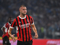 Strahinja Pavlovic of A.C. Milan celebrates after scoring the goal of 0-1 during the 3rd day of the Serie A Championship between S.S. Lazio...