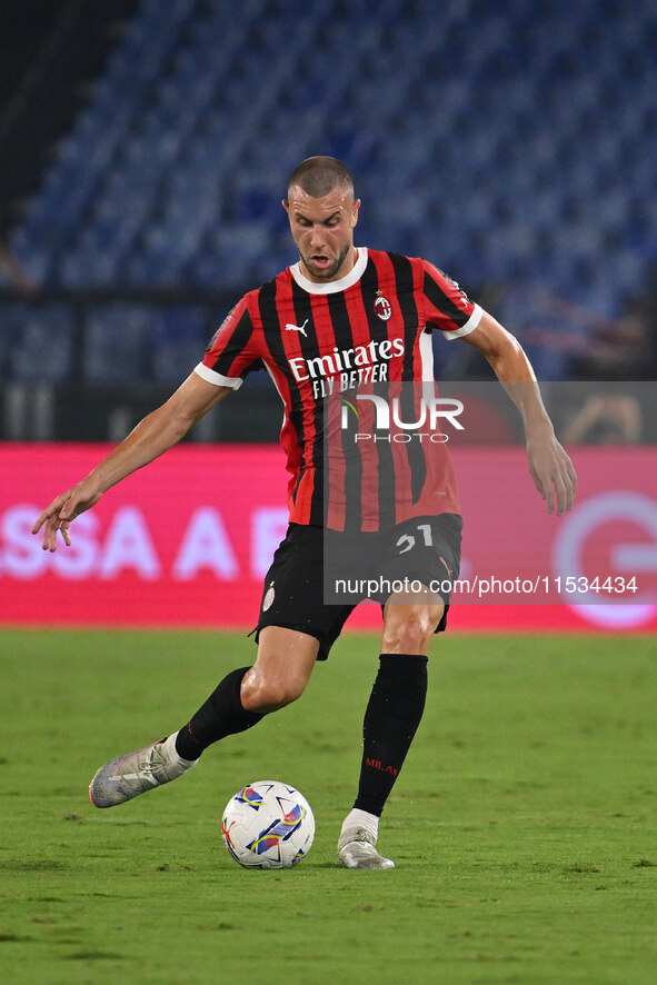 Strahinja Pavlovic of A.C. Milan during the 3rd day of the Serie A Championship between S.S. Lazio and A.C. Milan at the Olympic Stadium in...