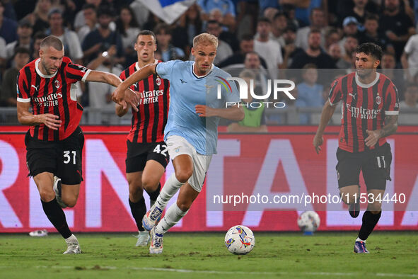 Strahinja Pavlovic of A.C. Milan, Gustav Isaksen of S.S. Lazio, and Christian Pulisic of A.C. Milan during the 3rd day of the Serie A Champi...