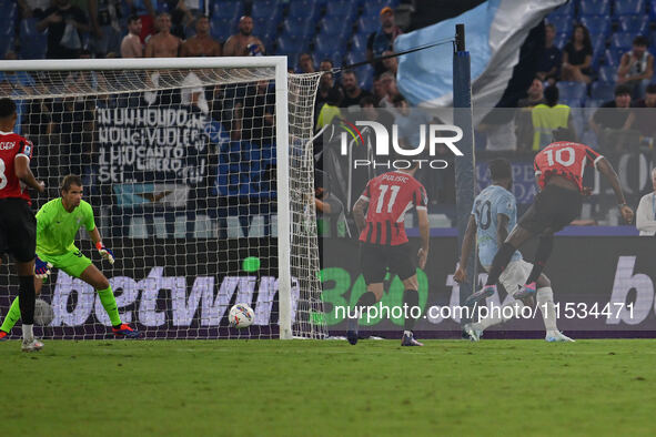 Rafael Leao of A.C. Milan scores the 2-2 goal during the 3rd day of the Serie A Championship between S.S. Lazio and A.C. Milan at the Olympi...