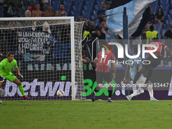 Rafael Leao of A.C. Milan scores the 2-2 goal during the 3rd day of the Serie A Championship between S.S. Lazio and A.C. Milan at the Olympi...