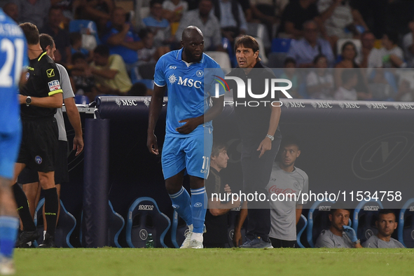 Romelu Lukaku and Antonio Conte of SSC Napoli during the Serie A match between SSC Napoli and Parma Calcio at Stadio Diego Armando Maradona...