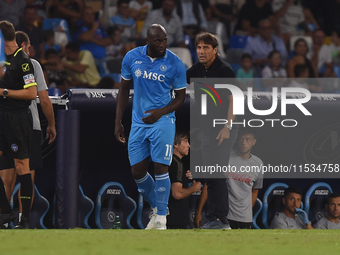 Romelu Lukaku and Antonio Conte of SSC Napoli during the Serie A match between SSC Napoli and Parma Calcio at Stadio Diego Armando Maradona...